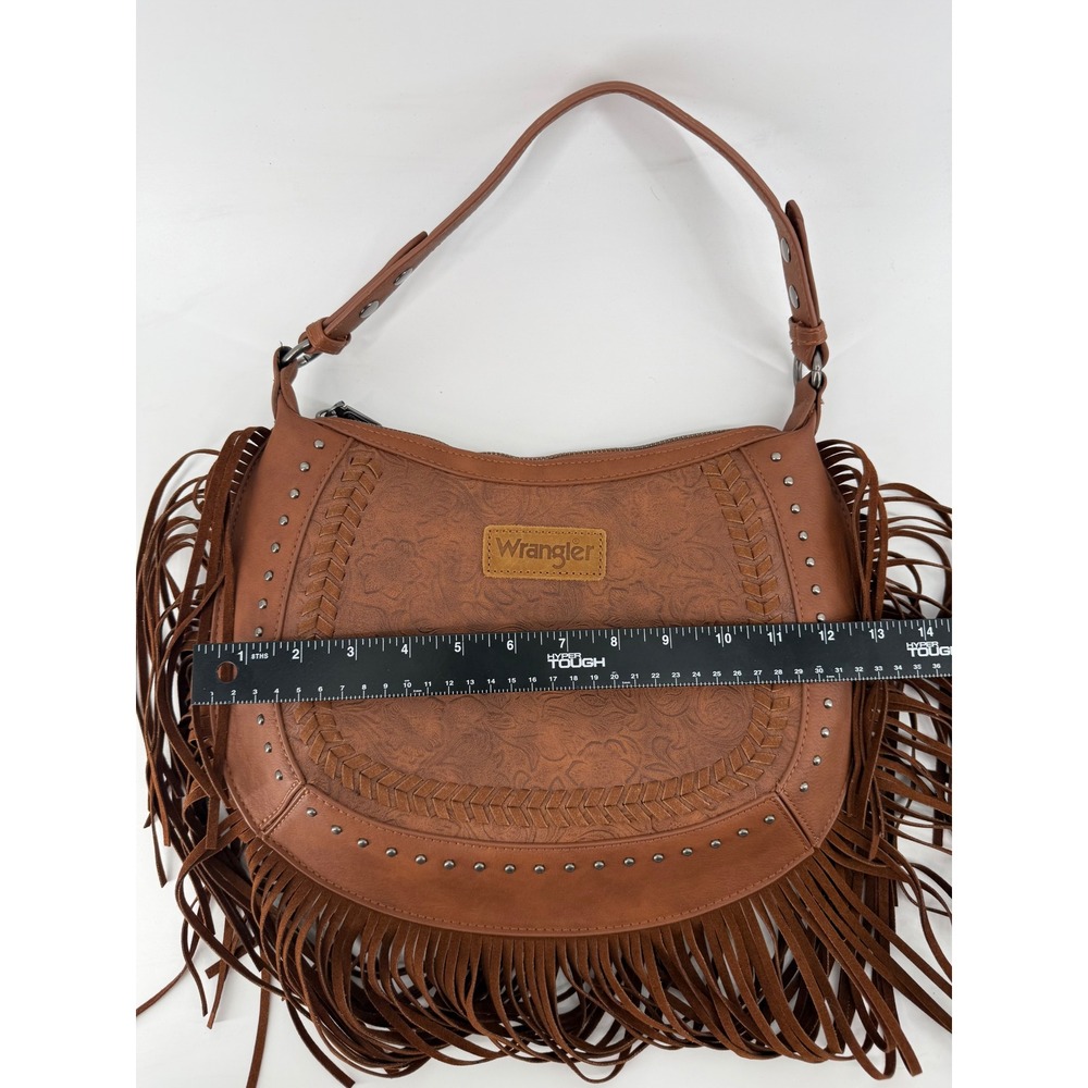 Wrangler Brown Tooled Vegan Leather Fringe Hobo Bag Western Crossbody Purse - Picture 5 of 6